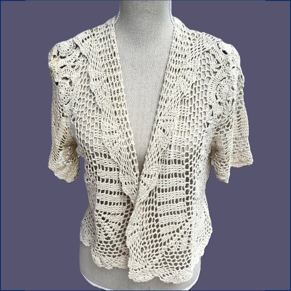 🆕🩷 Gorgeous 100% Cotton Short Sleeved Hand-crocheted Unlined Jacket in Natural - Picture 1 of 5